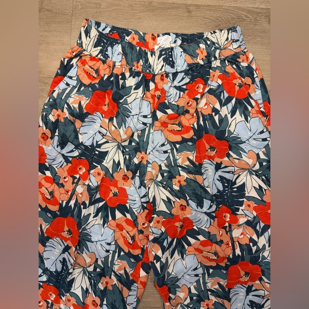 C&C California 100% Linen Floral Wide Leg High Waist Pull On Pants Sz L‎ Boho - Picture 2 of 7